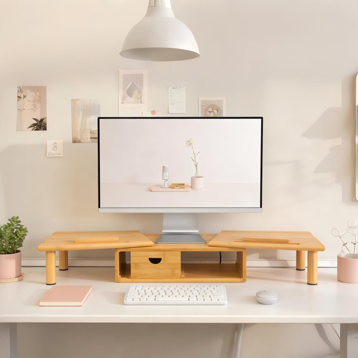 Dual Monitor Stand Riser with Drawer for Desk Laptop | Desk Shelf with Adjustable Length and Angle, Bamboo Computer Stand Riser for 2 or 3 Monitors Screen Laptop PC TV -Natural