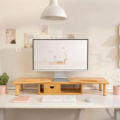 Dual Monitor Stand Riser with Drawer for Desk Laptop | Desk Shelf with Adjustable Length and Angle, Bamboo Computer Stand Riser for 2 or 3 Monitors Screen Laptop PC TV -Natural