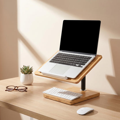 Laptop Stand for Desk, Adjustable Wood and Bamboo Base (Large) | Stand For Macbook , tiltable aluminum riser, length-variable platform, large wide surface, height-modifying lift rod
