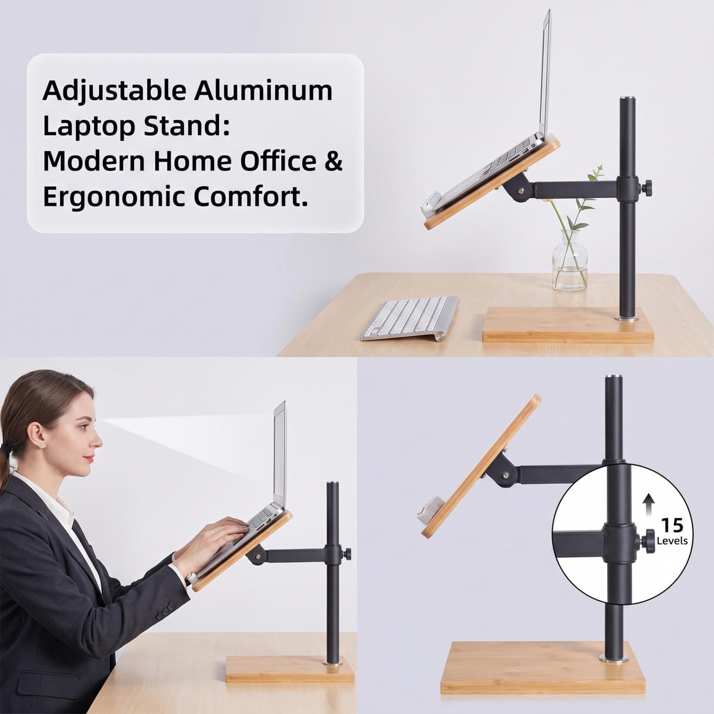 Laptop Stand for Desk, Adjustable Wood and Bamboo Base (Large) | Stand For Macbook , tiltable aluminum riser, length-variable platform, large wide surface, height-modifying lift rod
