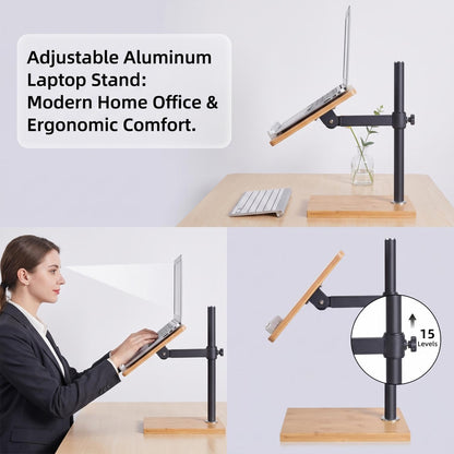 Laptop Stand for Desk, Adjustable Wood and Bamboo Base (Large) | Stand For Macbook , tiltable aluminum riser, length-variable platform, large wide surface, height-modifying lift rod
