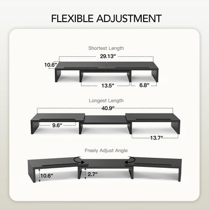 AMERIERGO Dual Monitor Stand Riser- 3 Shelf Screen Stand with Adjustable Length and Angle, 2 Extra Functional Slot Desktop Organizer Stand for PC, Computer, Laptop (Light Wood)