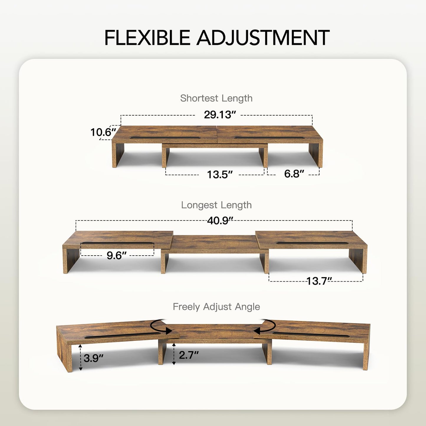 AMERIERGO Dual Monitor Stand Riser- 3 Shelf Screen Stand with Adjustable Length and Angle, 2 Extra Functional Slot Desktop Organizer Stand for PC, Computer, Laptop (Light Wood)