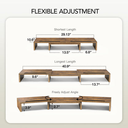 AMERIERGO Dual Monitor Stand Riser- 3 Shelf Screen Stand with Adjustable Length and Angle, 2 Extra Functional Slot Desktop Organizer Stand for PC, Computer, Laptop (Light Wood)