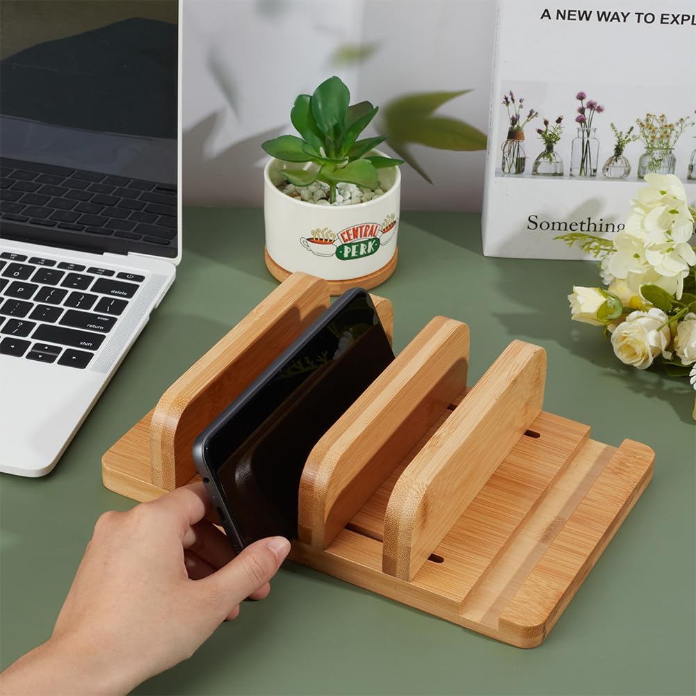 BENECREAT 9.8x6.3x2.5 Inch Vertical Laptop Stand, Wooden Desk Stand with Wide Compatibility & DIY Assembly Kit, Adjustable Dock Laptop Holder for Pad, Phone, Tablet