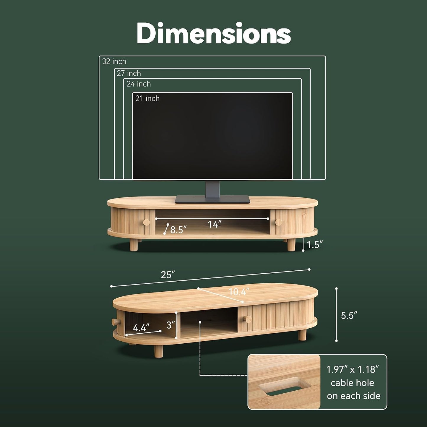 Bamboo Monitor Stand with Storage, 25 Inch Desk Shelf Riser | Curved Computer Laptop Stand Desk Shelf Organizer with Sliding Doors for 47-55 Inch Desk