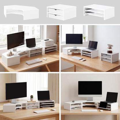 Fenge Dual Monitor Stand, Corner Desk Shelf with Drawer & Slide-Out Tray | Modular Design for Flexible Layouts, 2-Tier Storage Desktop Organizer for Computer, Laptop, Printer and Telephone
