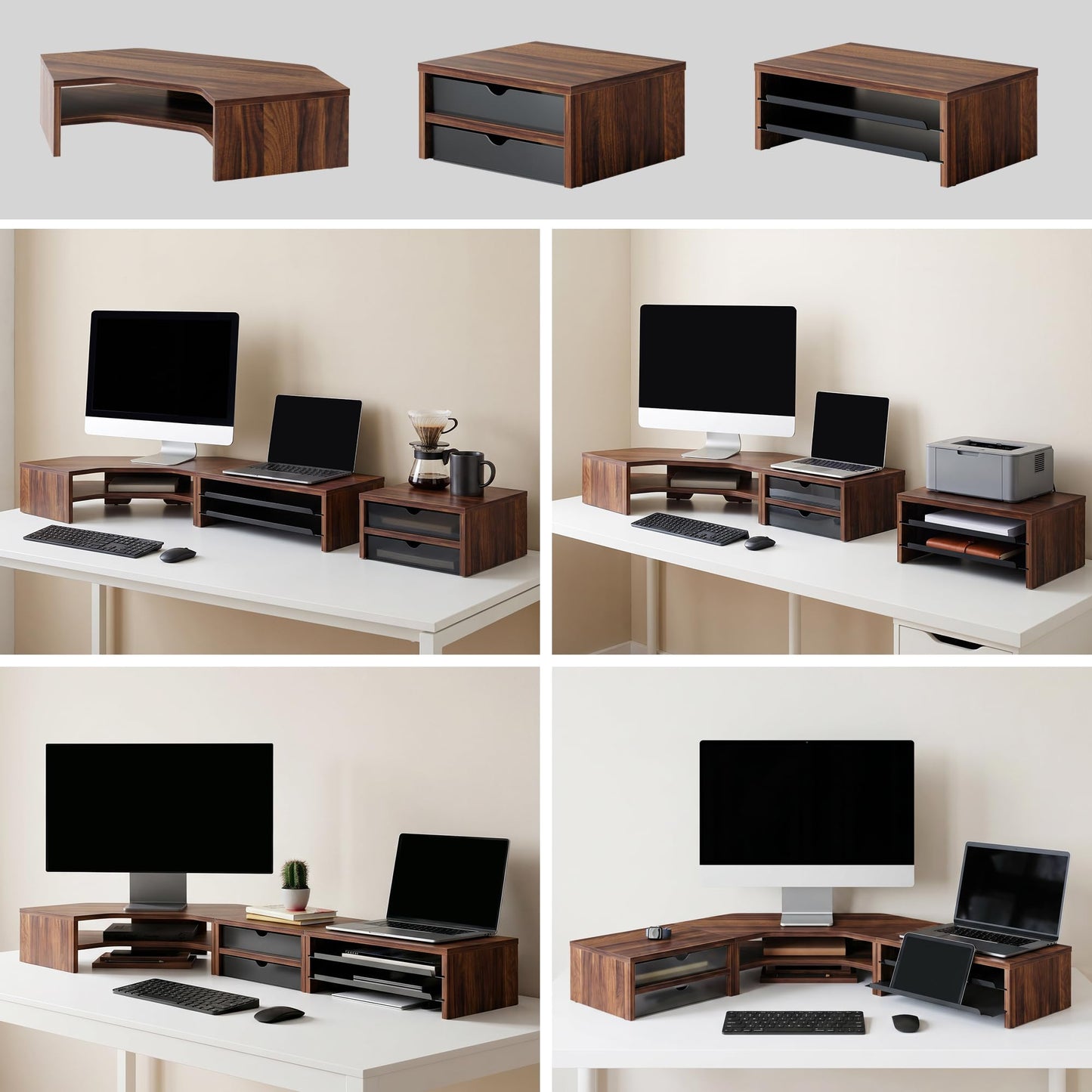 Fenge Dual Monitor Stand, Corner Desk Shelf with Drawer & Slide-Out Tray | Modular Design for Flexible Layouts, 2-Tier Storage Desktop Organizer for Computer, Laptop, Printer and Telephone