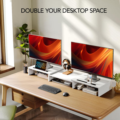 AMERIERGO Dual Monitor Stand Riser- 3 Shelf Screen Stand with Adjustable Length and Angle, 2 Extra Functional Slot Desktop Organizer Stand for PC, Computer, Laptop (Light Wood)