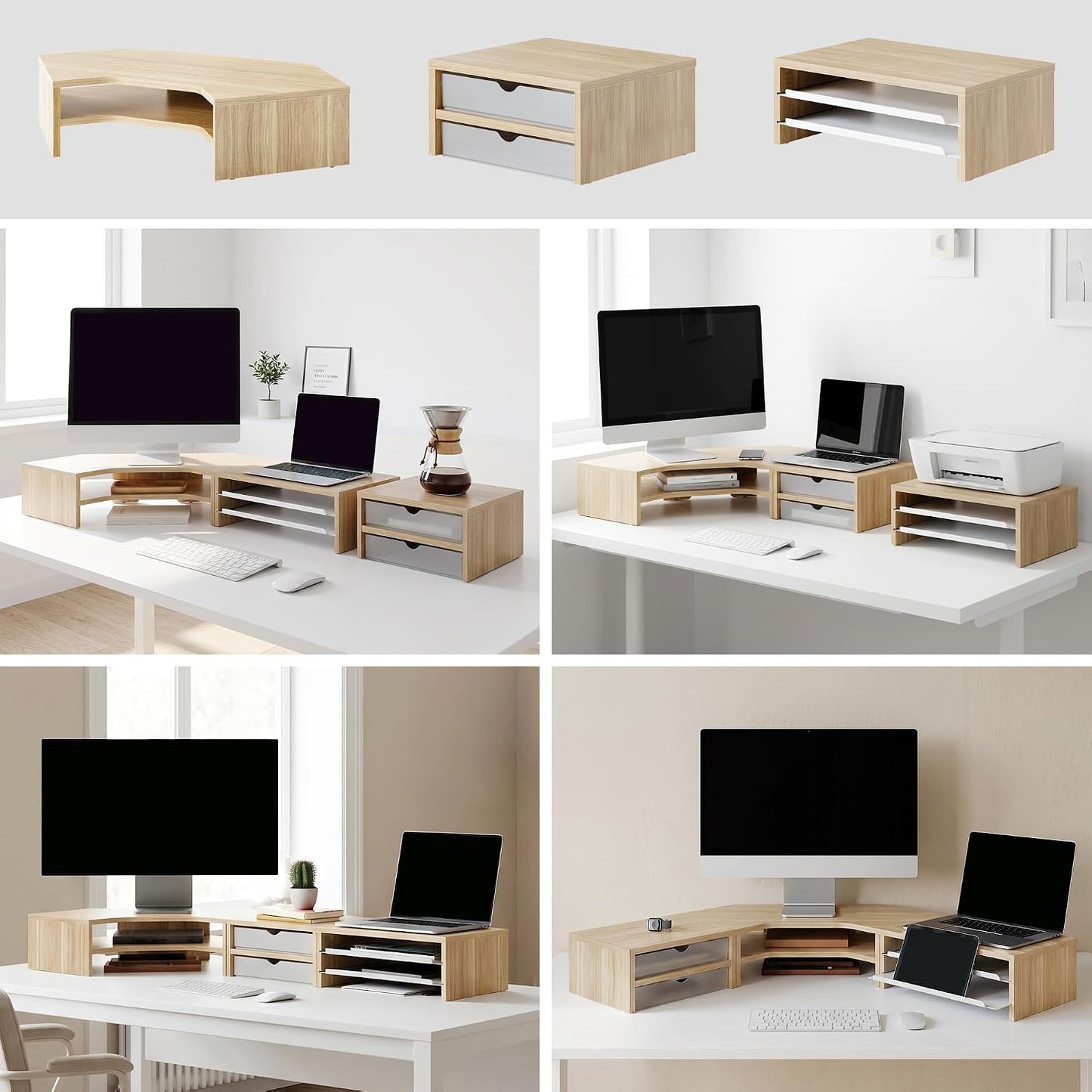 Fenge Dual Monitor Stand, Corner Desk Shelf with Drawer & Slide-Out Tray | Modular Design for Flexible Layouts, 2-Tier Storage Desktop Organizer for Computer, Laptop, Printer and Telephone