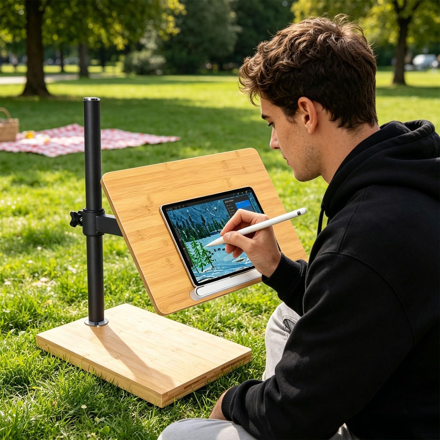 Laptop Stand for Desk, Adjustable Wood and Bamboo Base (Large) | Stand For Macbook , tiltable aluminum riser, length-variable platform, large wide surface, height-modifying lift rod