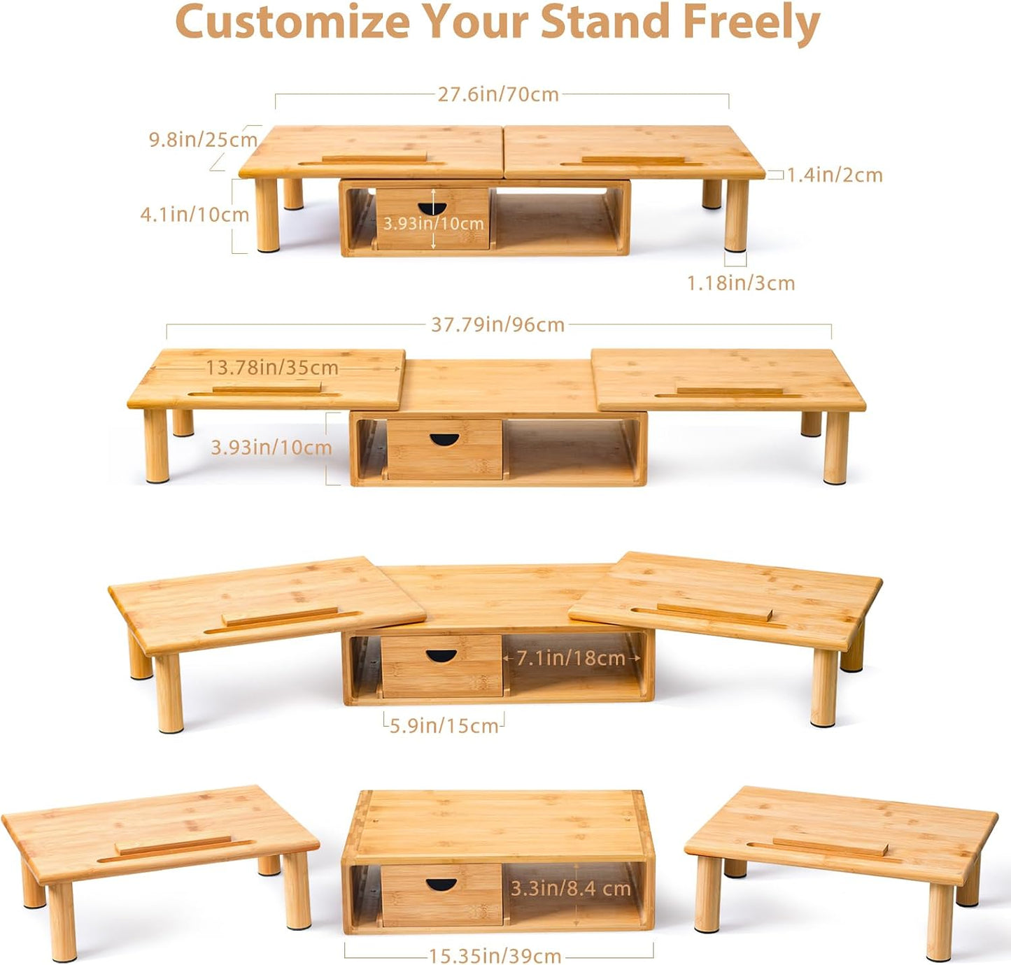 Dual Monitor Stand Riser with Drawer for Desk Laptop | Desk Shelf with Adjustable Length and Angle, Bamboo Computer Stand Riser for 2 or 3 Monitors Screen Laptop PC TV -Natural