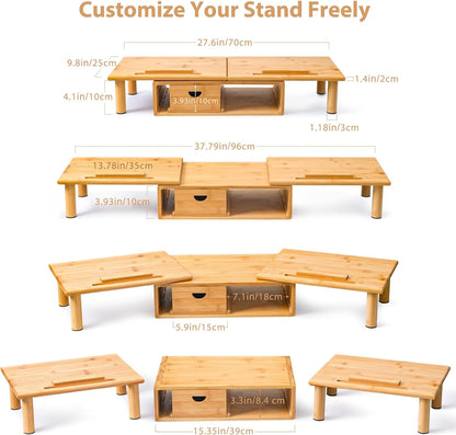 Dual Monitor Stand Riser with Drawer for Desk Laptop | Desk Shelf with Adjustable Length and Angle, Bamboo Computer Stand Riser for 2 or 3 Monitors Screen Laptop PC TV -Natural