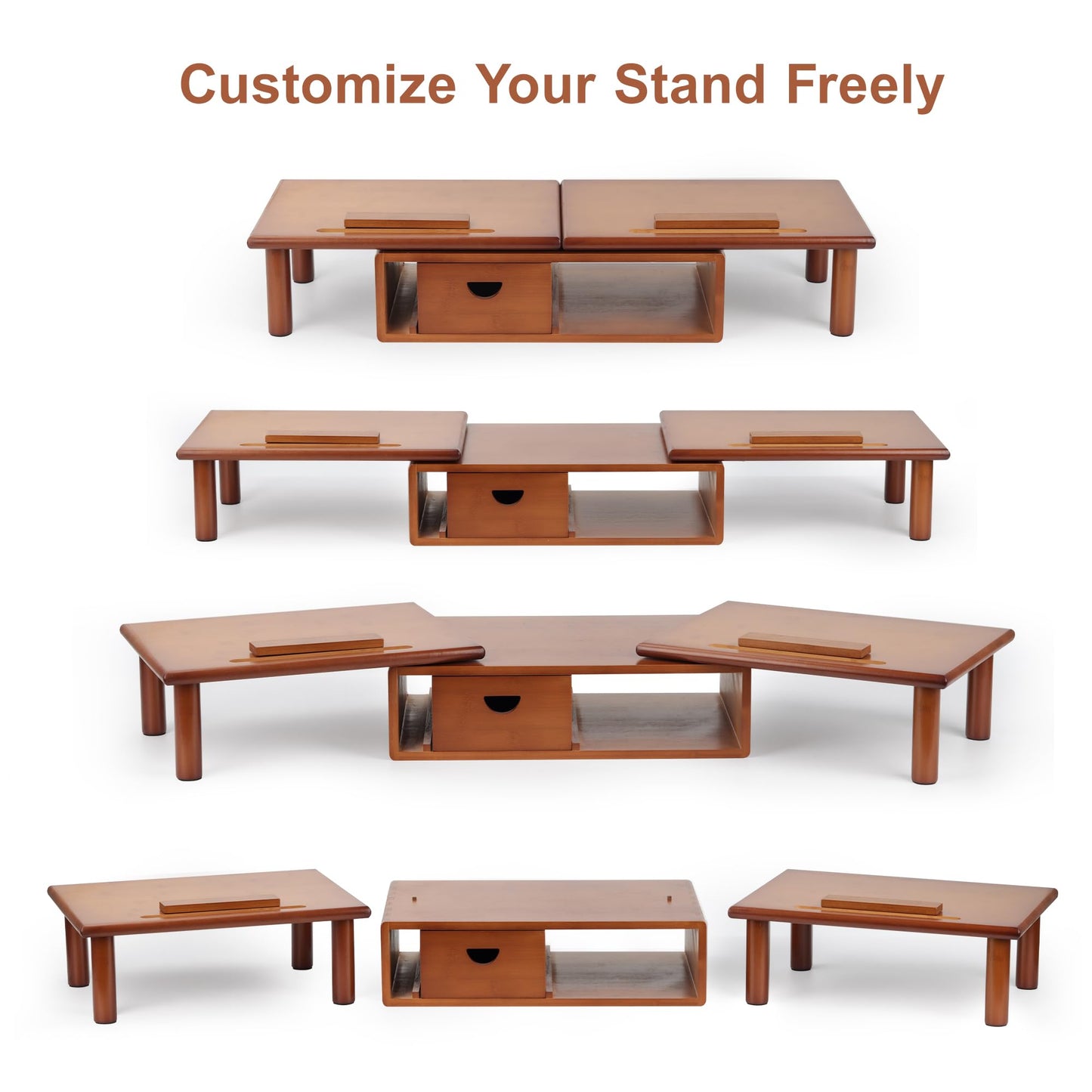 Dual Monitor Stand Riser with Drawer for Desk Laptop | Desk Shelf with Adjustable Length and Angle, Bamboo Computer Stand Riser for 2 or 3 Monitors Screen Laptop PC TV -Natural