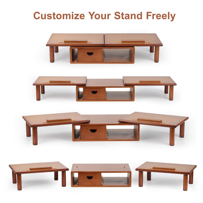 Dual Monitor Stand Riser with Drawer for Desk Laptop | Desk Shelf with Adjustable Length and Angle, Bamboo Computer Stand Riser for 2 or 3 Monitors Screen Laptop PC TV -Natural
