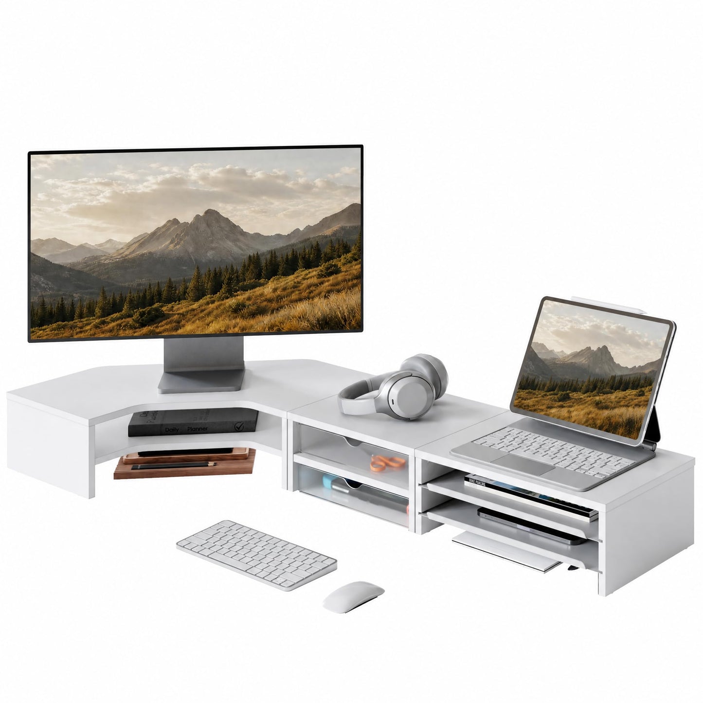 Fenge Dual Monitor Stand, Corner Desk Shelf with Drawer & Slide-Out Tray | Modular Design for Flexible Layouts, 2-Tier Storage Desktop Organizer for Computer, Laptop, Printer and Telephone