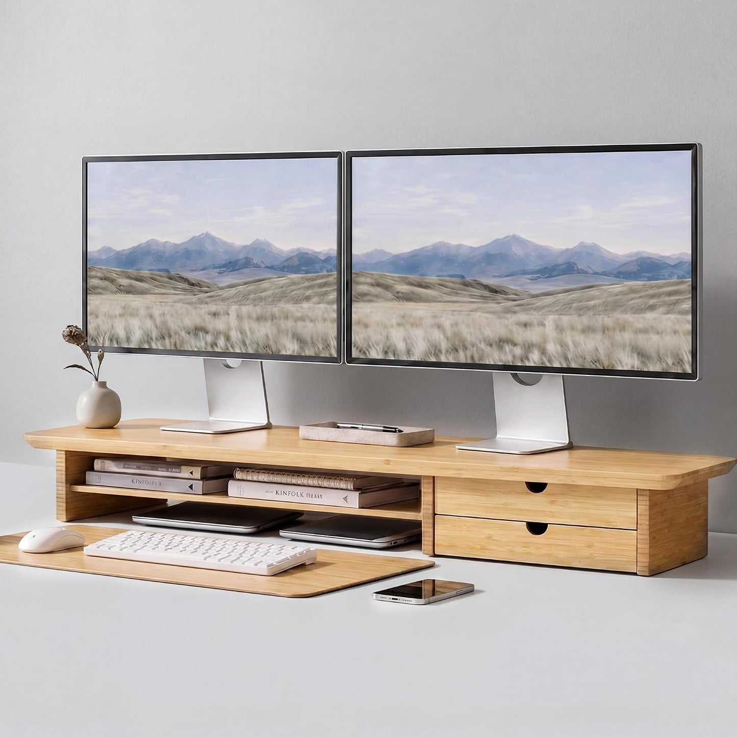 Bamboo Dual Monitor Stand, Natural Desk Shelf with Storage | 39.3 inch Monitor Riser with 2 Drawers, Desk Stand with Cable Management for Home Office, Printer, Laptop