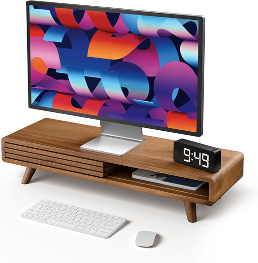 Tinamo 24" Wood Monitor Stand Riser with Sliding Door and Cable Management | Acacia Wood, Ergonomic Design, Fits Most 24"-32" Monitors, Non-slip, Hidden Multi-purpose Storage, All Hardware Included