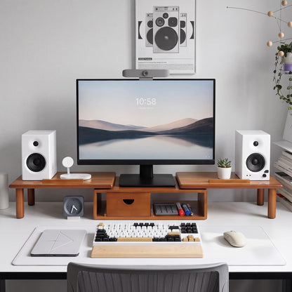Dual Monitor Stand Riser with Drawer for Desk Laptop | Desk Shelf with Adjustable Length and Angle, Bamboo Computer Stand Riser for 2 or 3 Monitors Screen Laptop PC TV -Natural