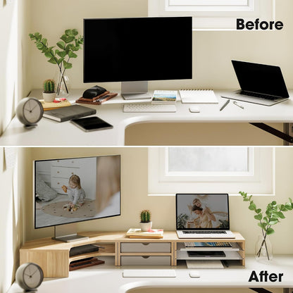 Fenge Dual Monitor Stand, Corner Desk Shelf with Drawer & Slide-Out Tray | Modular Design for Flexible Layouts, 2-Tier Storage Desktop Organizer for Computer, Laptop, Printer and Telephone