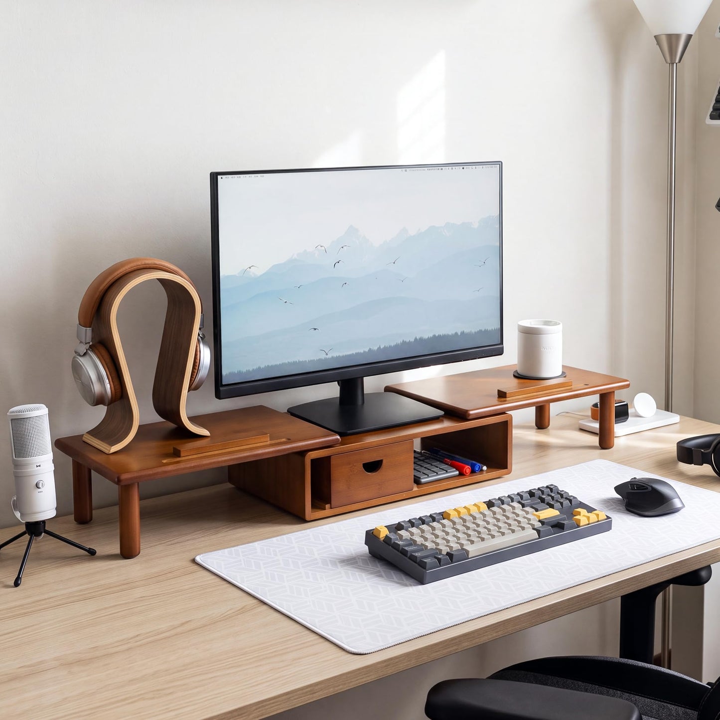 Dual Monitor Stand Riser with Drawer for Desk Laptop | Desk Shelf with Adjustable Length and Angle, Bamboo Computer Stand Riser for 2 or 3 Monitors Screen Laptop PC TV -Natural