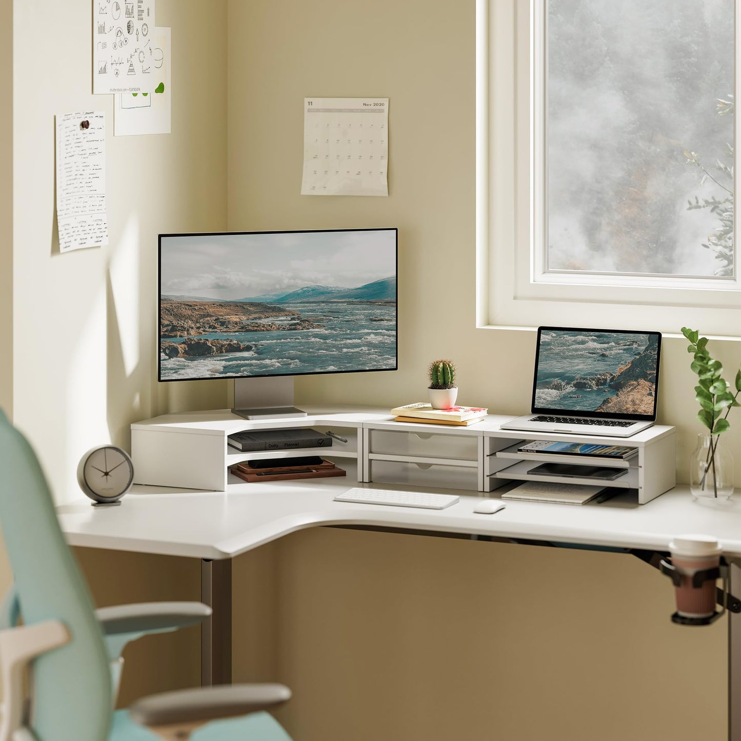 Fenge Dual Monitor Stand, Corner Desk Shelf with Drawer & Slide-Out Tray | Modular Design for Flexible Layouts, 2-Tier Storage Desktop Organizer for Computer, Laptop, Printer and Telephone