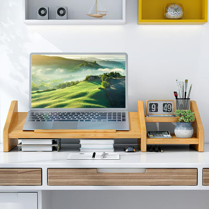Ufine Bamboo Laptop Stand for Desk with Storage Computer Monitor Riser | 3 Heights Adjustable, Notebook Printer Stand Desktop Organizer for Home Office