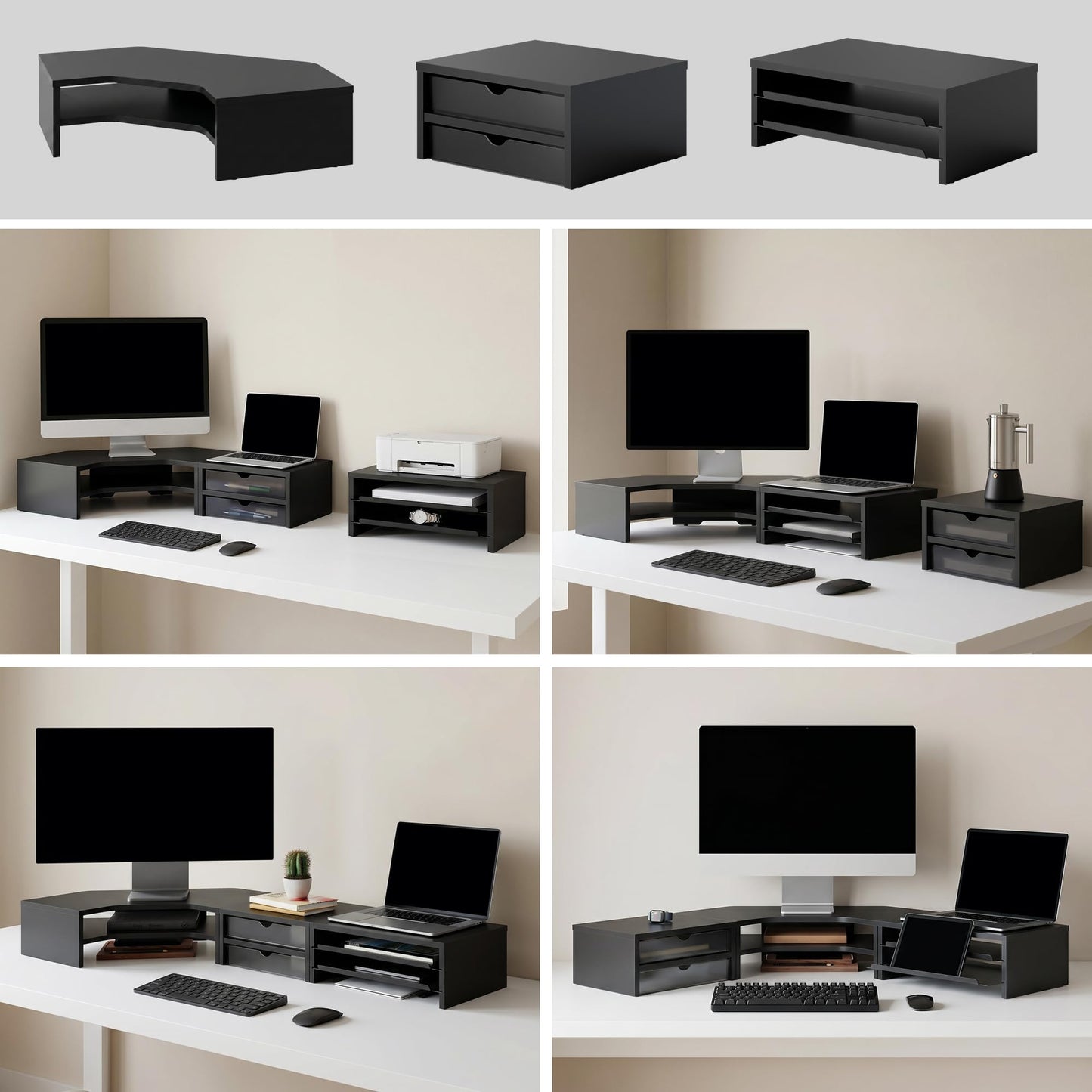 Fenge Dual Monitor Stand, Corner Desk Shelf with Drawer & Slide-Out Tray | Modular Design for Flexible Layouts, 2-Tier Storage Desktop Organizer for Computer, Laptop, Printer and Telephone