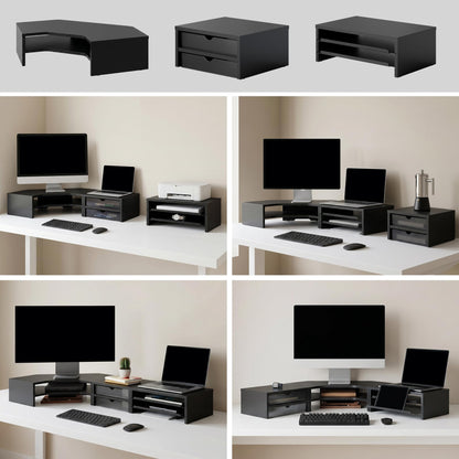 Fenge Dual Monitor Stand, Corner Desk Shelf with Drawer & Slide-Out Tray | Modular Design for Flexible Layouts, 2-Tier Storage Desktop Organizer for Computer, Laptop, Printer and Telephone