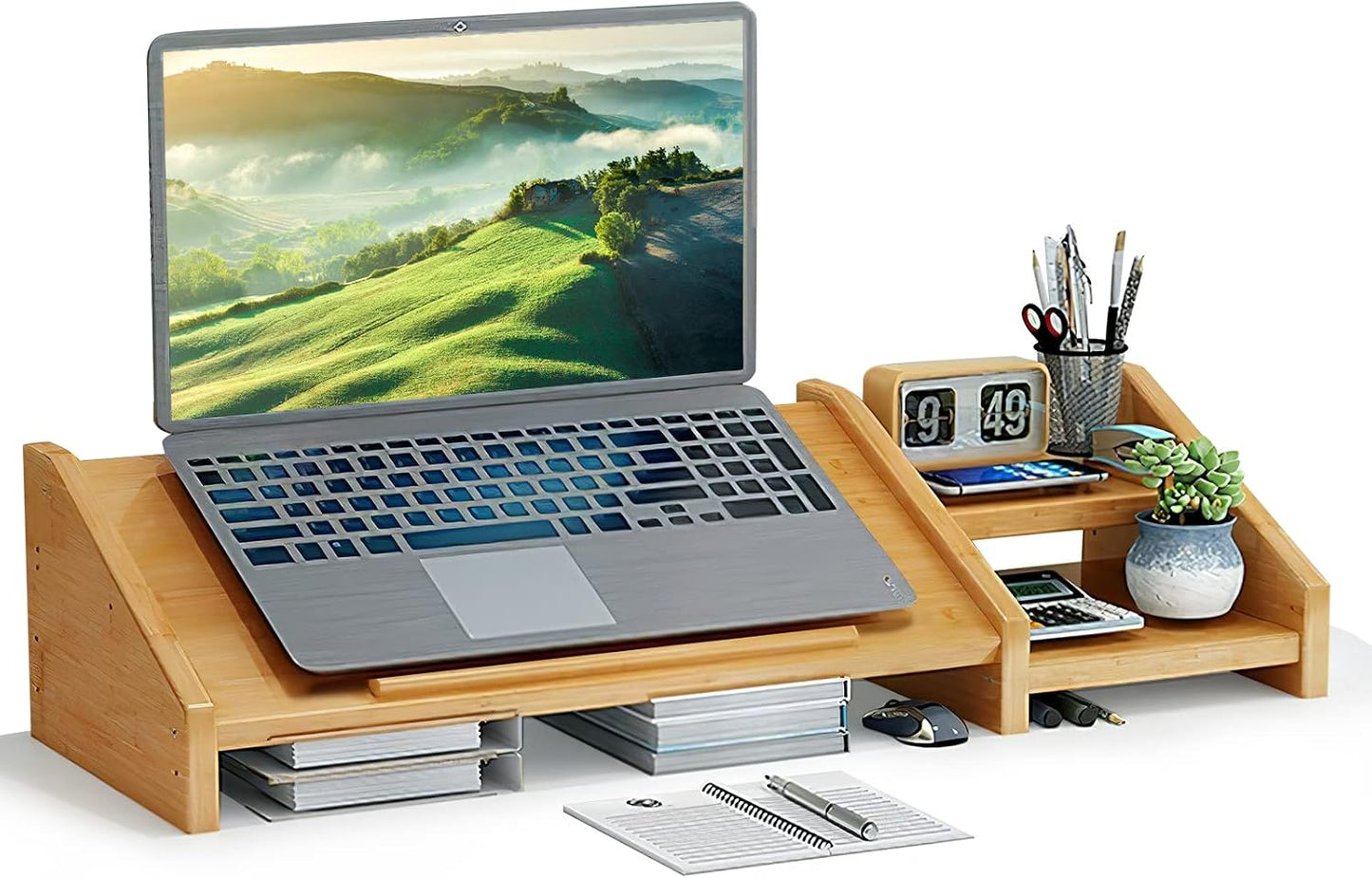 Ufine Bamboo Laptop Stand for Desk with Storage Computer Monitor Riser | 3 Heights Adjustable, Notebook Printer Stand Desktop Organizer for Home Office