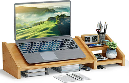 Ufine Bamboo Laptop Stand for Desk with Storage Computer Monitor Riser | 3 Heights Adjustable, Notebook Printer Stand Desktop Organizer for Home Office