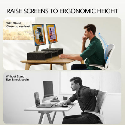 AMERIERGO Dual Monitor Stand Riser- 3 Shelf Screen Stand with Adjustable Length and Angle, 2 Extra Functional Slot Desktop Organizer Stand for PC, Computer, Laptop (Light Wood)