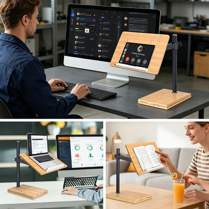 Laptop Stand for Desk, Adjustable Wood and Bamboo Base (Large) | Stand For Macbook , tiltable aluminum riser, length-variable platform, large wide surface, height-modifying lift rod