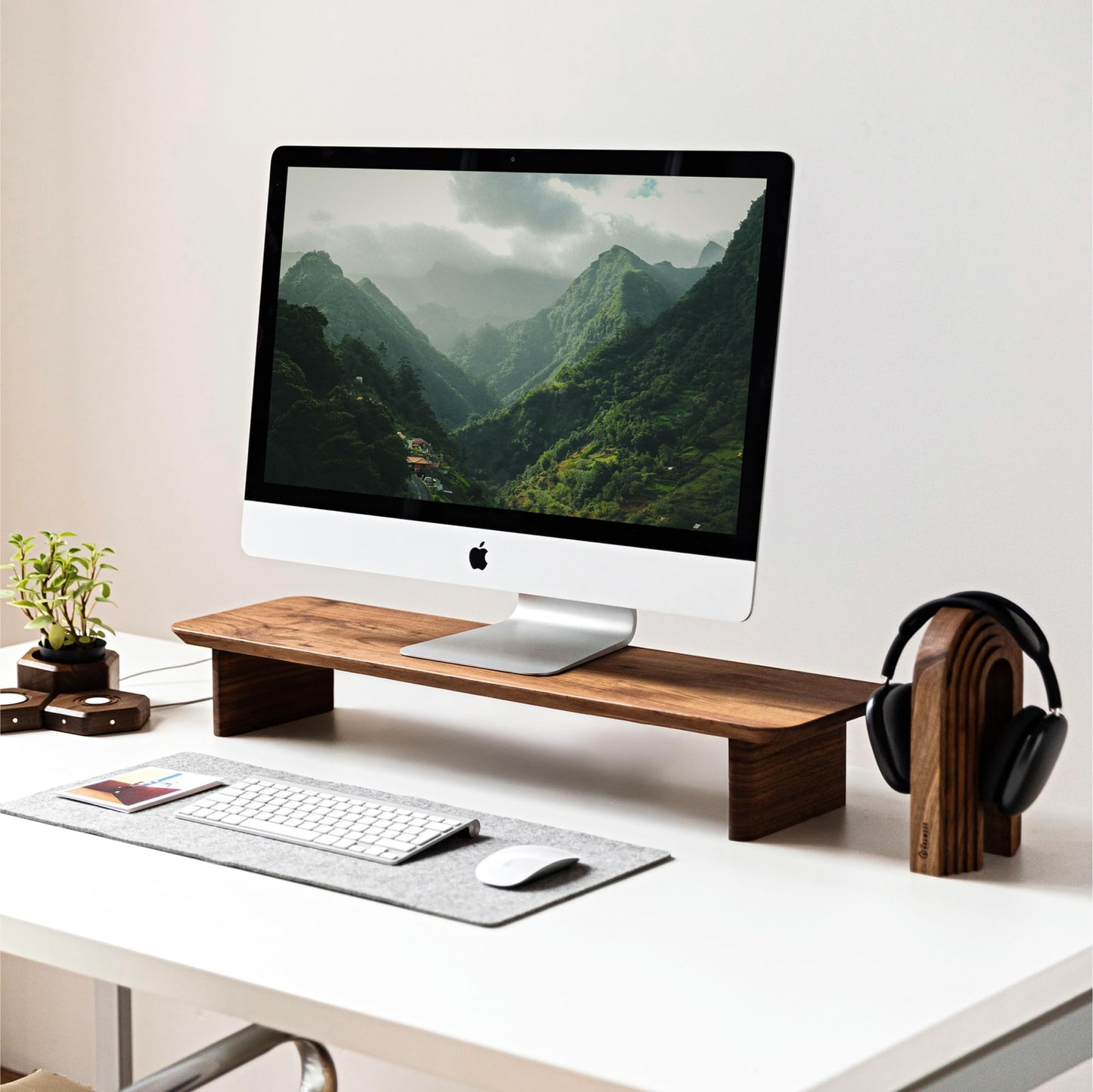 Monitor Stand Riser from Walnut Wood with Black Shelf and Black Legs - Wooden Desktop Storage for PC, Laptop, iMac, TV, Printer, Computer - Durable Walnut Shelf