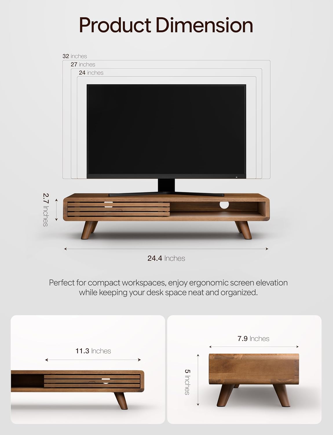 Tinamo 24" Wood Monitor Stand Riser with Sliding Door and Cable Management | Acacia Wood, Ergonomic Design, Fits Most 24"-32" Monitors, Non-slip, Hidden Multi-purpose Storage, All Hardware Included