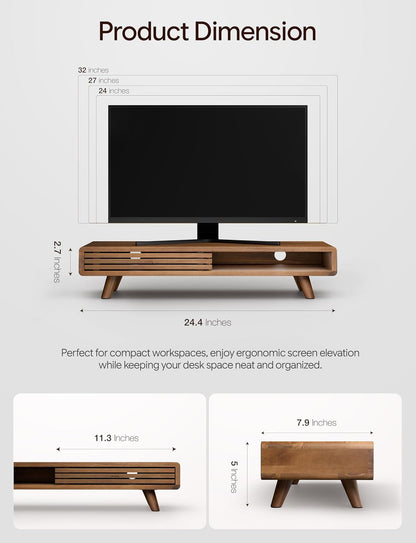 Tinamo 24" Wood Monitor Stand Riser with Sliding Door and Cable Management | Acacia Wood, Ergonomic Design, Fits Most 24"-32" Monitors, Non-slip, Hidden Multi-purpose Storage, All Hardware Included