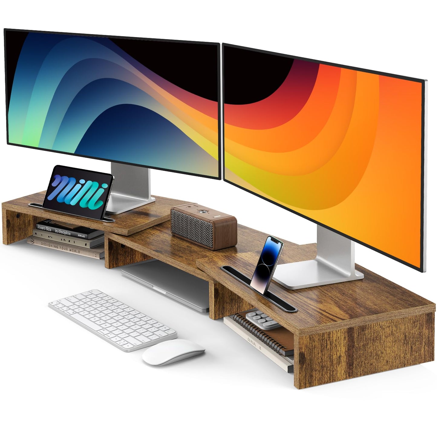AMERIERGO Dual Monitor Stand Riser- 3 Shelf Screen Stand with Adjustable Length and Angle, 2 Extra Functional Slot Desktop Organizer Stand for PC, Computer, Laptop (Light Wood)
