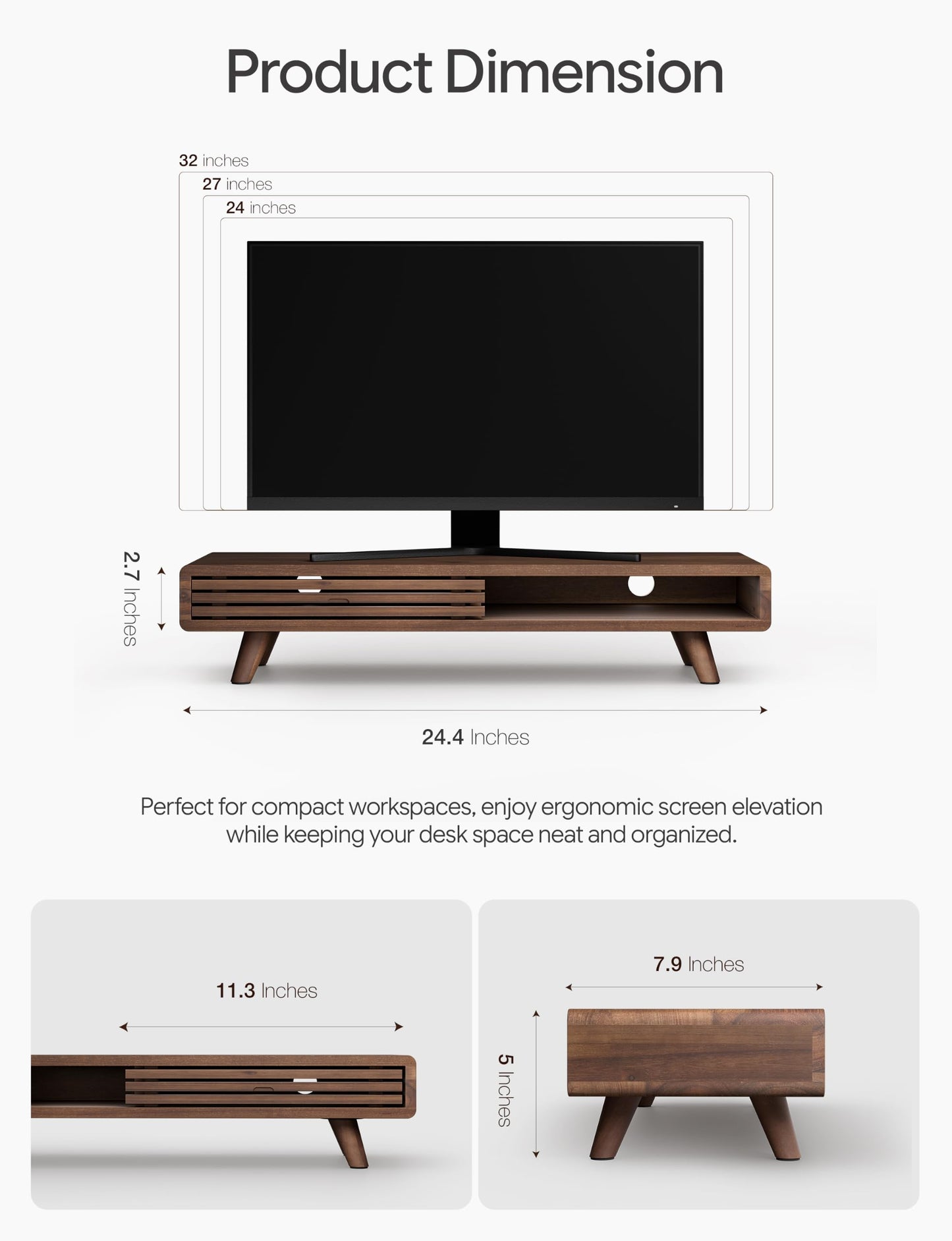 Tinamo 24" Wood Monitor Stand Riser with Sliding Door and Cable Management | Acacia Wood, Ergonomic Design, Fits Most 24"-32" Monitors, Non-slip, Hidden Multi-purpose Storage, All Hardware Included
