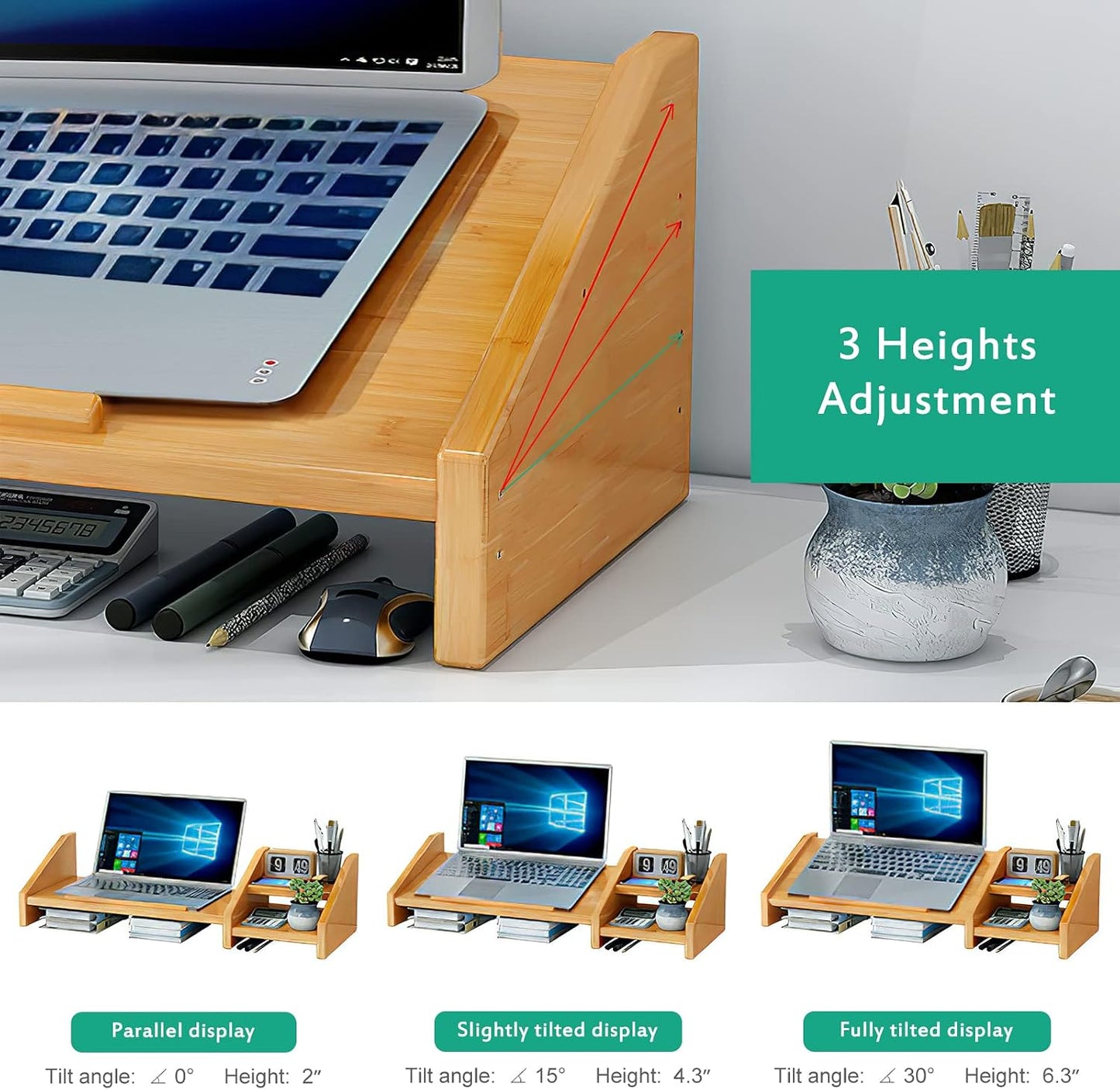 Ufine Bamboo Laptop Stand for Desk with Storage Computer Monitor Riser | 3 Heights Adjustable, Notebook Printer Stand Desktop Organizer for Home Office