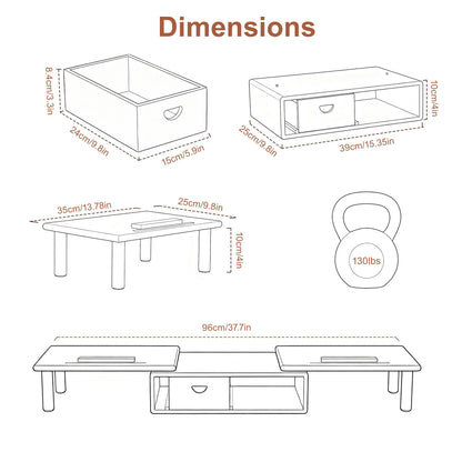 Dual Monitor Stand Riser with Drawer for Desk Laptop | Desk Shelf with Adjustable Length and Angle, Bamboo Computer Stand Riser for 2 or 3 Monitors Screen Laptop PC TV -Natural