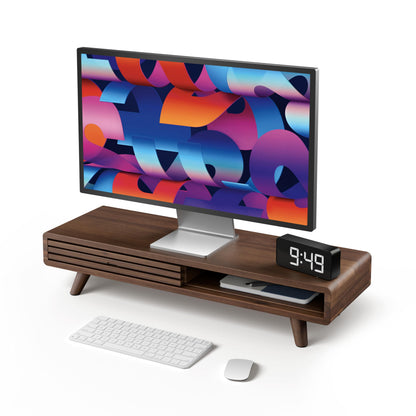 Tinamo 24" Wood Monitor Stand Riser with Sliding Door and Cable Management | Acacia Wood, Ergonomic Design, Fits Most 24"-32" Monitors, Non-slip, Hidden Multi-purpose Storage, All Hardware Included