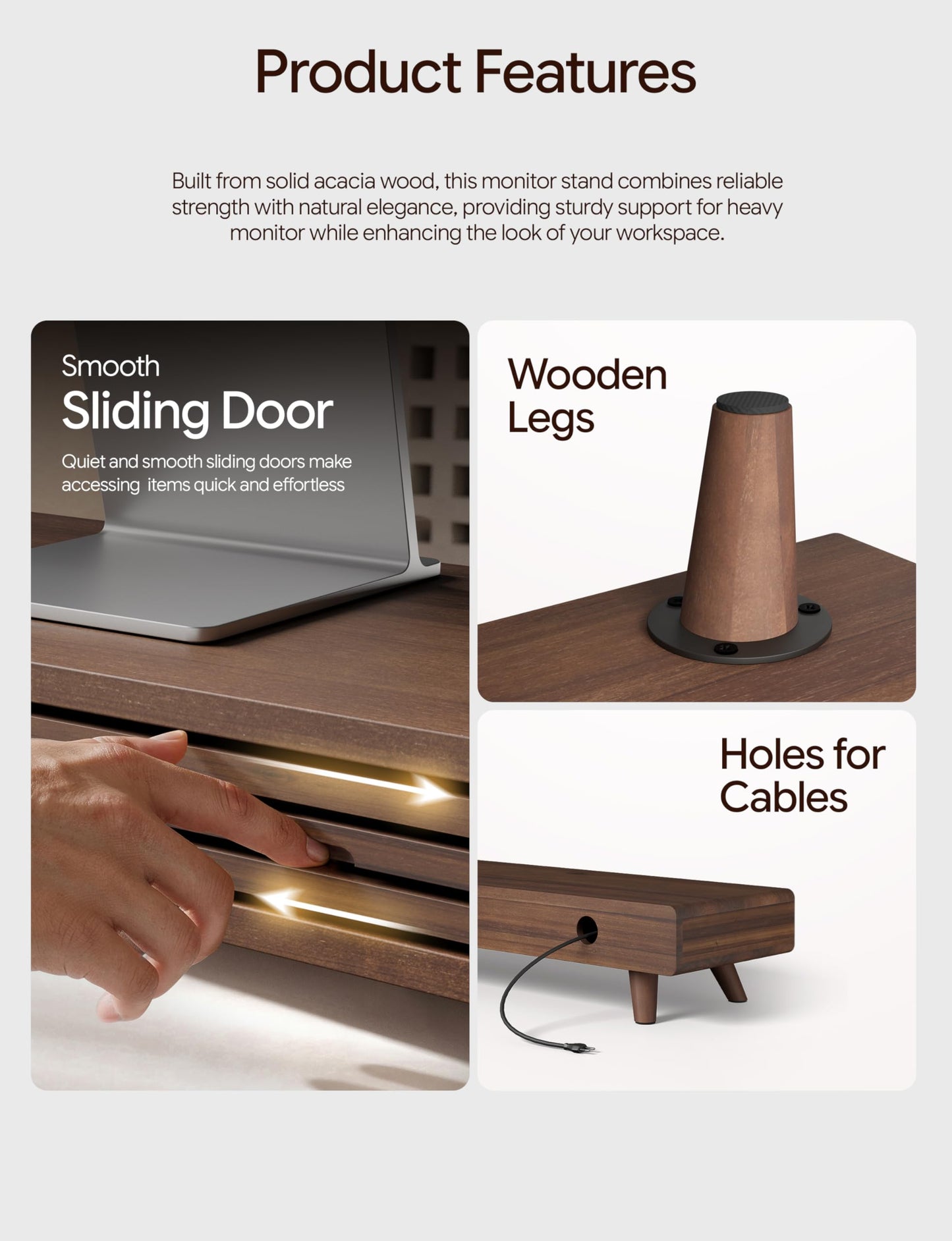 Tinamo 24" Wood Monitor Stand Riser with Sliding Door and Cable Management | Acacia Wood, Ergonomic Design, Fits Most 24"-32" Monitors, Non-slip, Hidden Multi-purpose Storage, All Hardware Included
