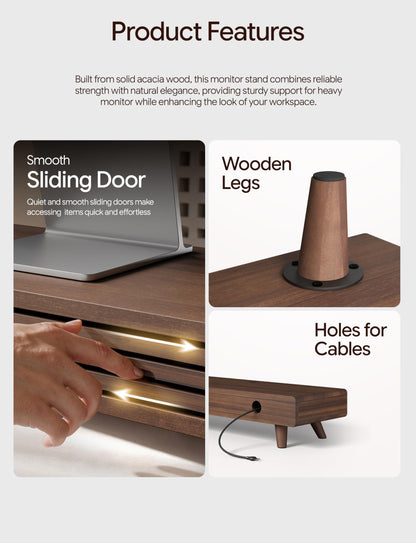 Tinamo 24" Wood Monitor Stand Riser with Sliding Door and Cable Management | Acacia Wood, Ergonomic Design, Fits Most 24"-32" Monitors, Non-slip, Hidden Multi-purpose Storage, All Hardware Included