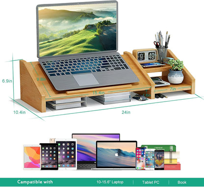 Ufine Bamboo Laptop Stand for Desk with Storage Computer Monitor Riser | 3 Heights Adjustable, Notebook Printer Stand Desktop Organizer for Home Office