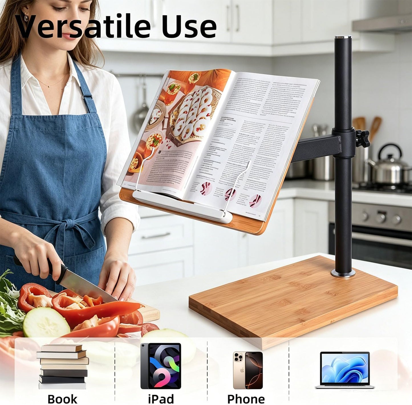 Laptop Stand for Desk, Adjustable Wood and Bamboo Base (Large) | Stand For Macbook , tiltable aluminum riser, length-variable platform, large wide surface, height-modifying lift rod