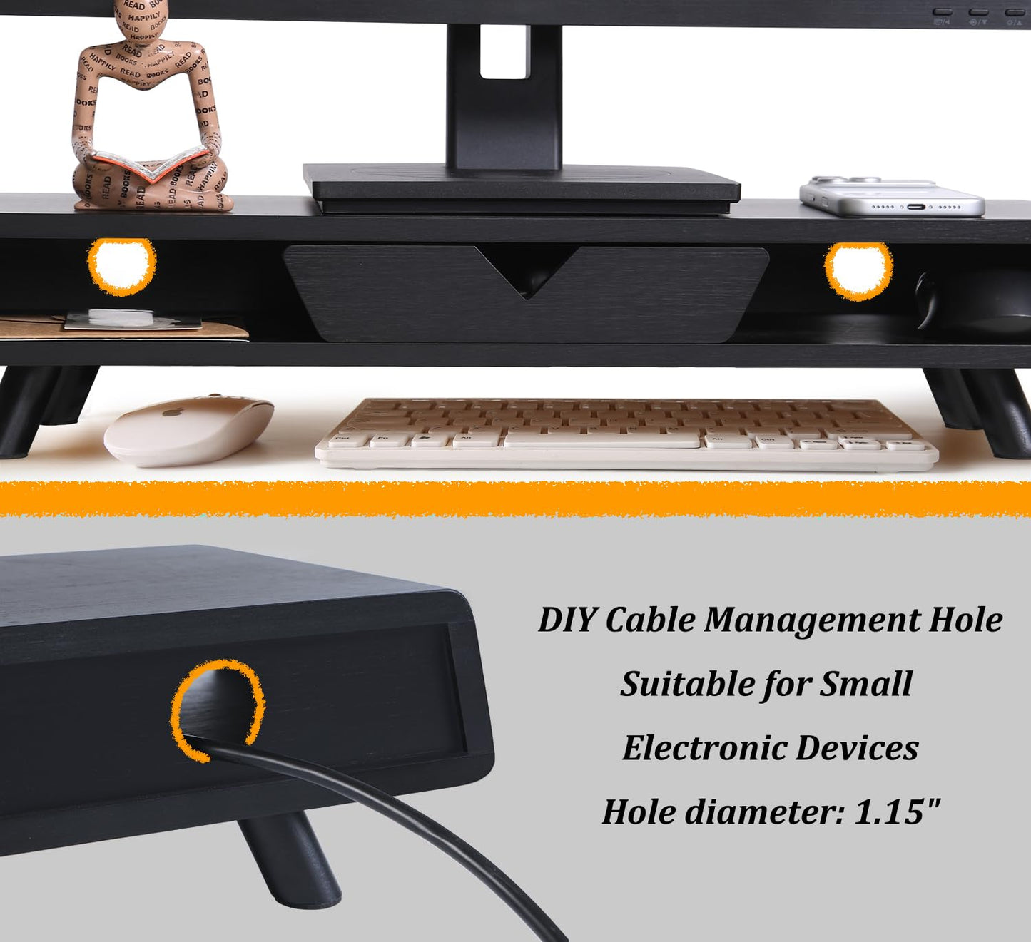 Homerays Bamboo Monitor Stand Riser, No Assembly Required Exquisite Monitor Stand with Drawer Ergonomic Height Wood Monitor Stand