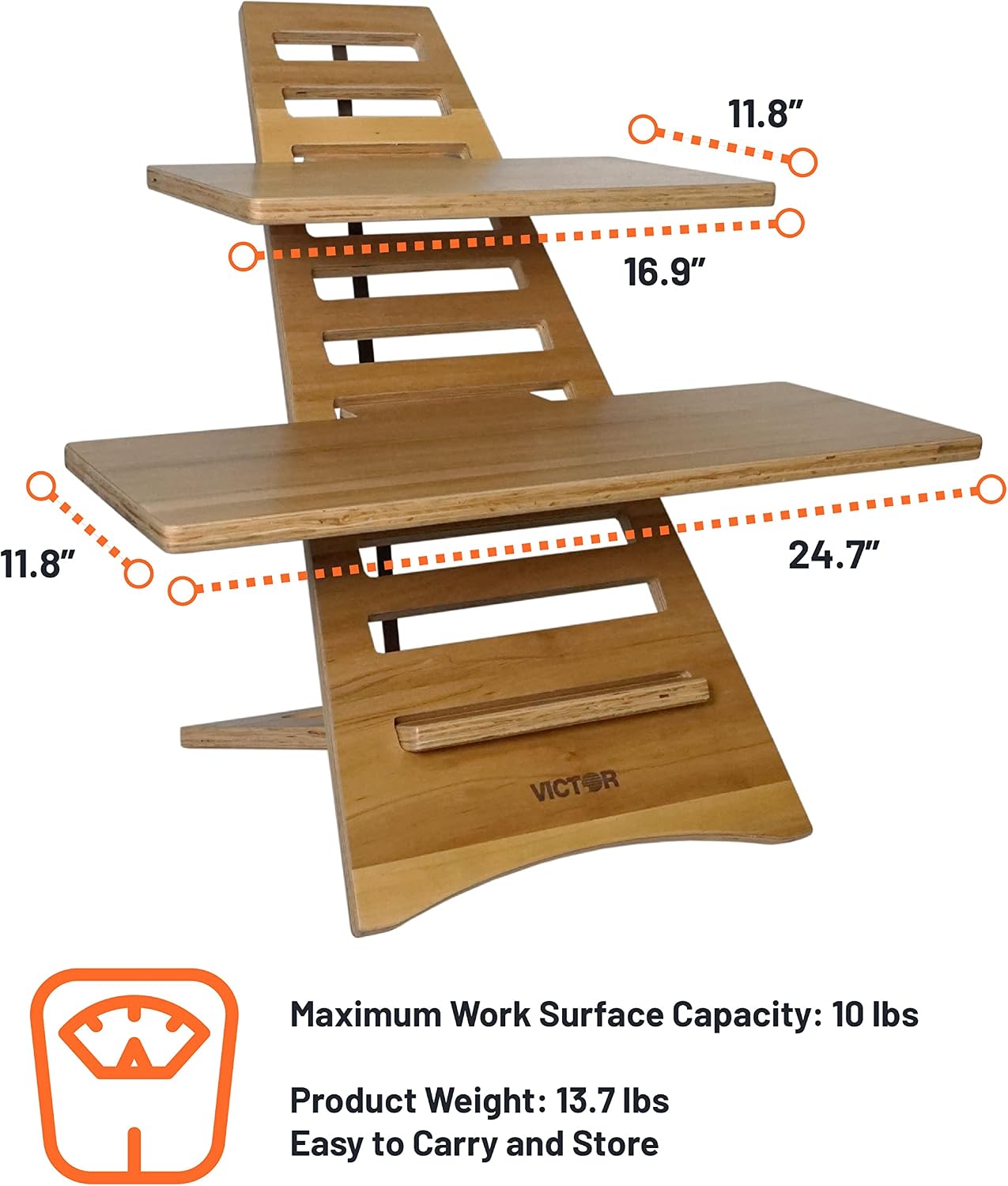 Victor Laptop Stand - Acacia Wood Standing Desk Converter with Dual Trays, 10-Level Height Adjustment, Fast Tool-Free Assembly, for Dorms, Bedrooms, and Home Offices