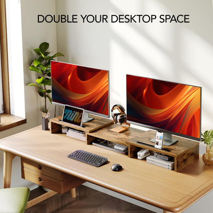 AMERIERGO Dual Monitor Stand Riser- 3 Shelf Screen Stand with Adjustable Length and Angle, 2 Extra Functional Slot Desktop Organizer Stand for PC, Computer, Laptop (Light Wood)