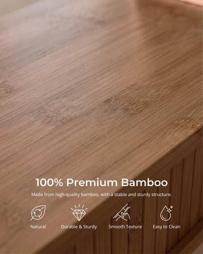Bamboo Monitor Stand with Storage, 25 Inch Desk Shelf Riser | Curved Computer Laptop Stand Desk Shelf Organizer with Sliding Doors for 47-55 Inch Desk