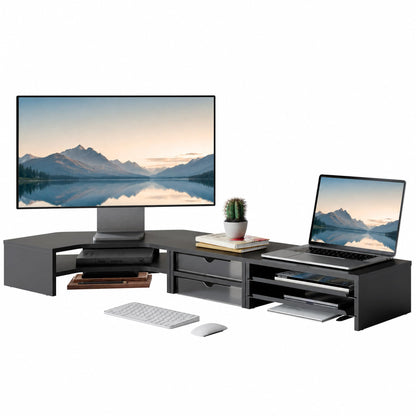 Fenge Dual Monitor Stand, Corner Desk Shelf with Drawer & Slide-Out Tray | Modular Design for Flexible Layouts, 2-Tier Storage Desktop Organizer for Computer, Laptop, Printer and Telephone